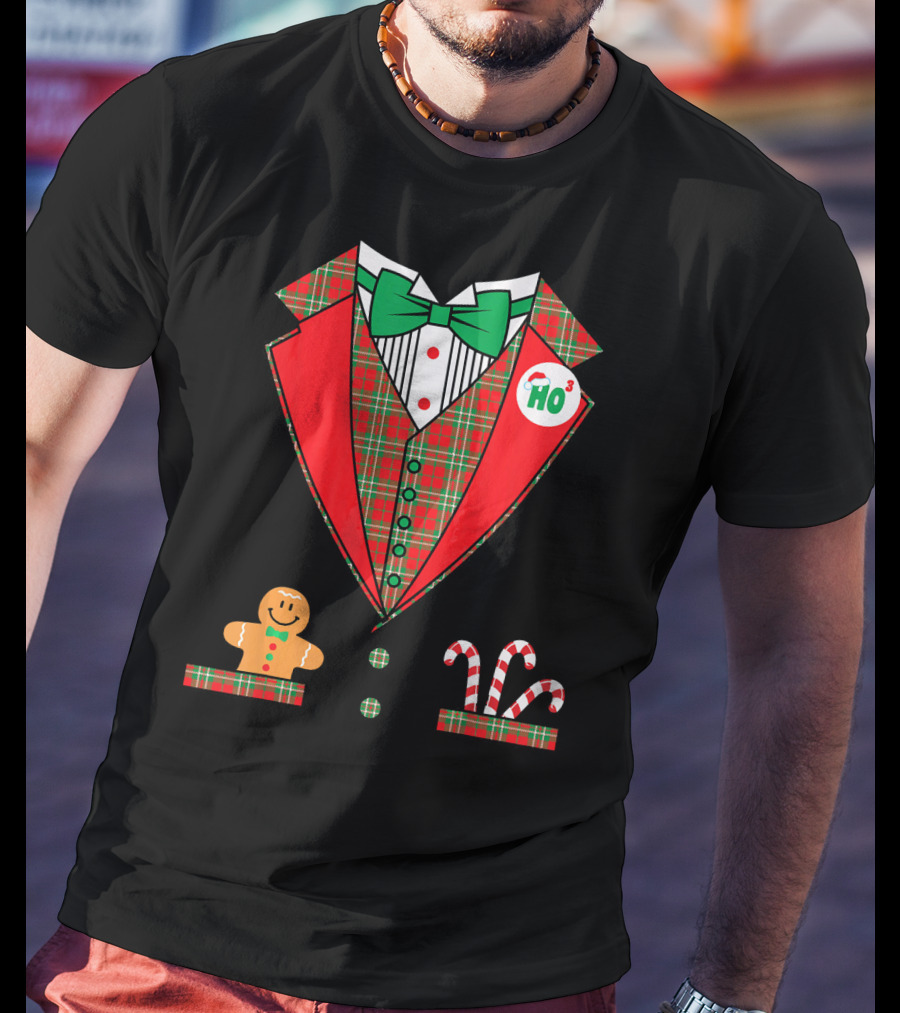 Funny Christmas Costume Tuxedo Ho Ho Ho Bow Tie Gingerbread Candy Cane T-Shirt