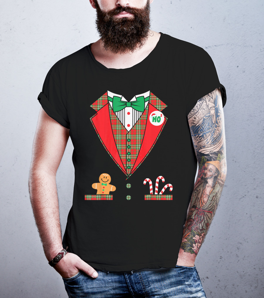 Funny Christmas Costume Tuxedo Ho Ho Ho Bow Tie Gingerbread Candy Cane T-Shirt