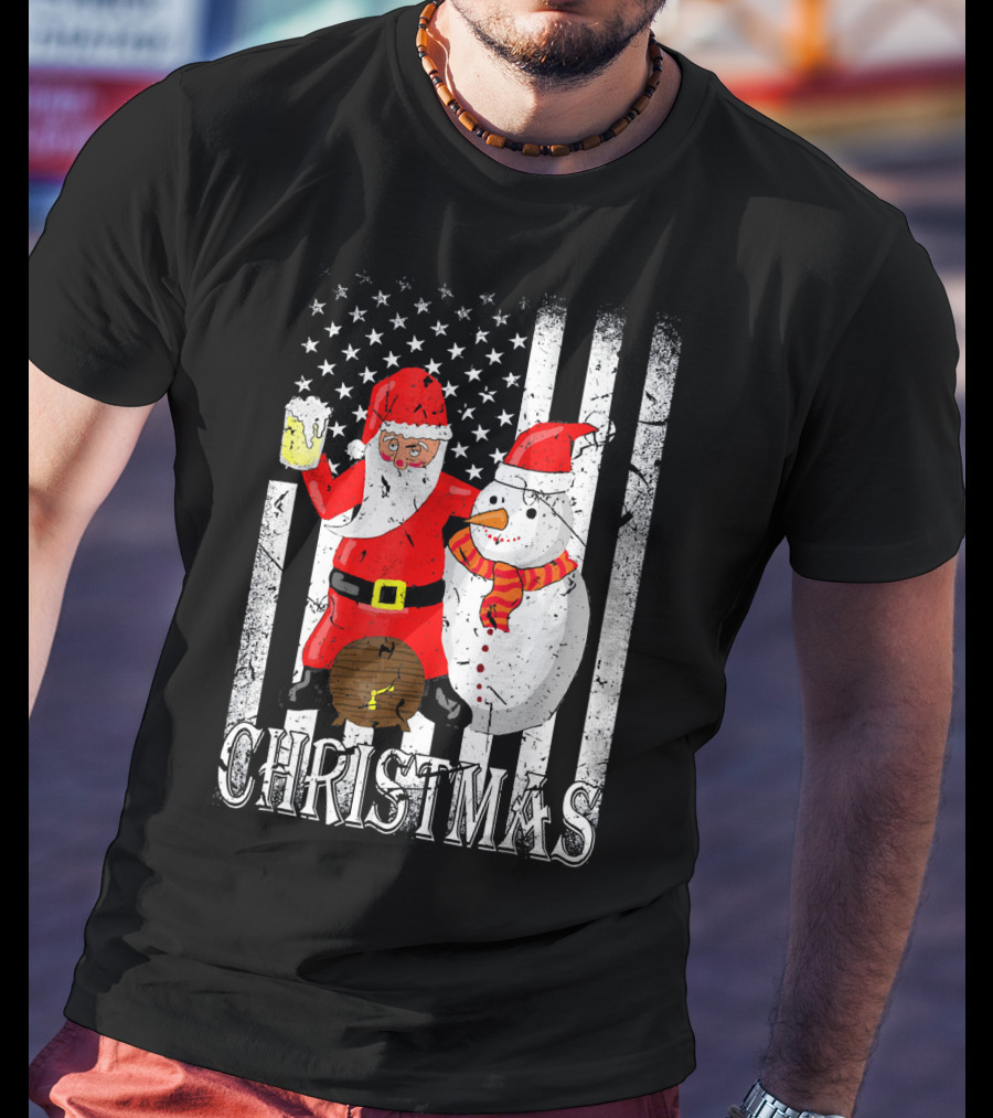 Christmas Santa Claus Snowman With Beer American Flag T-Shirt