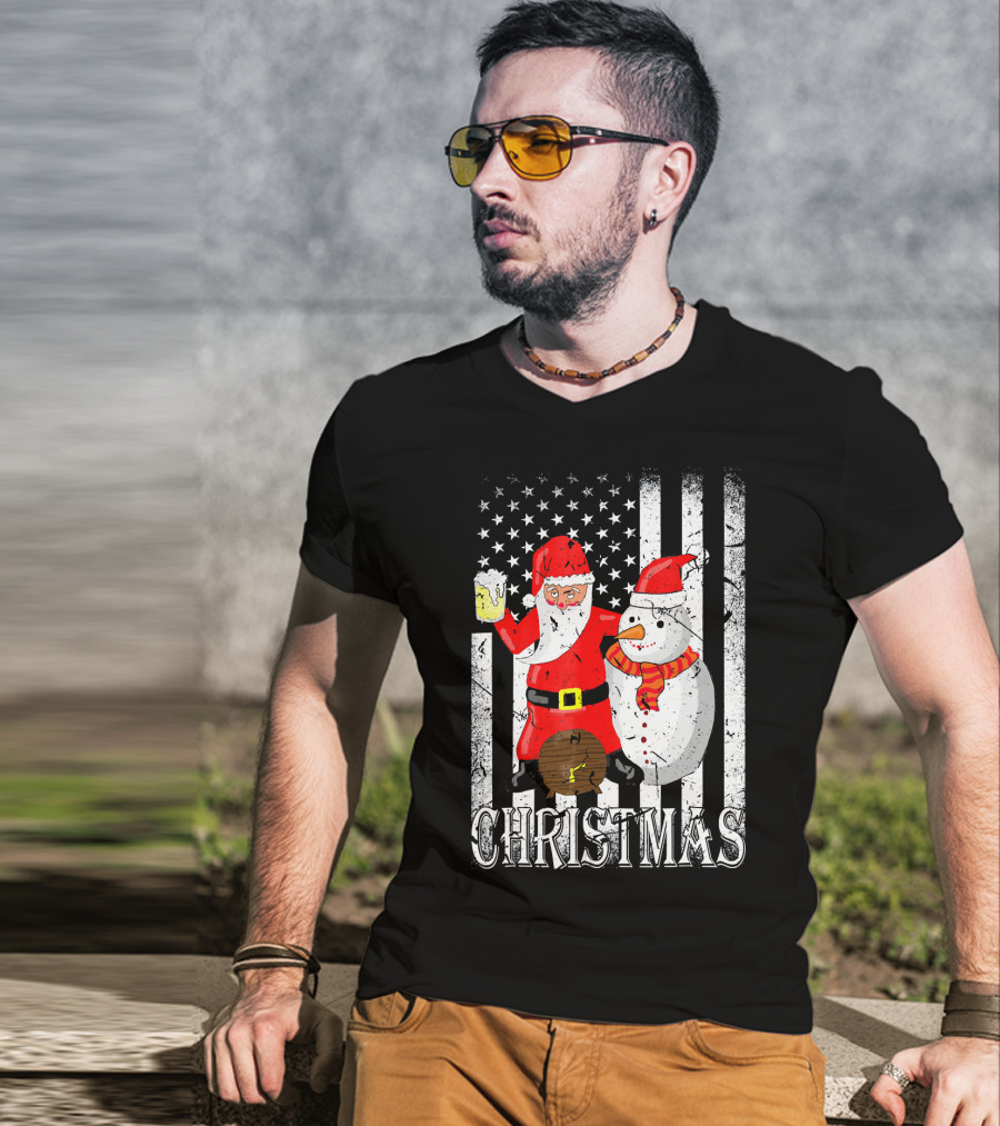 Christmas Santa Claus Snowman With Beer American Flag T-Shirt