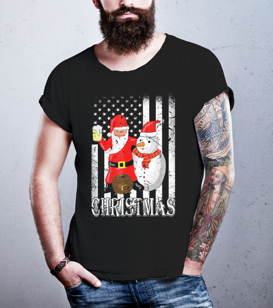 Christmas Santa Claus Snowman With Beer American Flag T-Shirt
