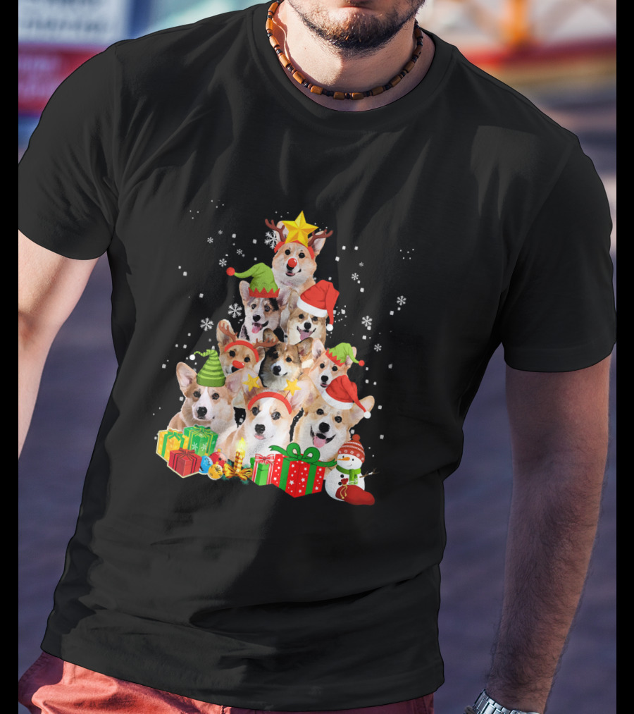 Corgi Christmas Tree With Snowflakes And Holiday Hats T-Shirt