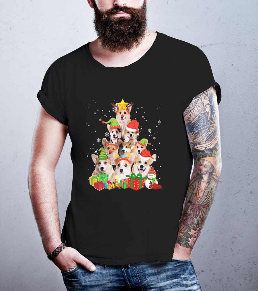 Corgi Christmas Tree With Snowflakes And Holiday Hats T-Shirt