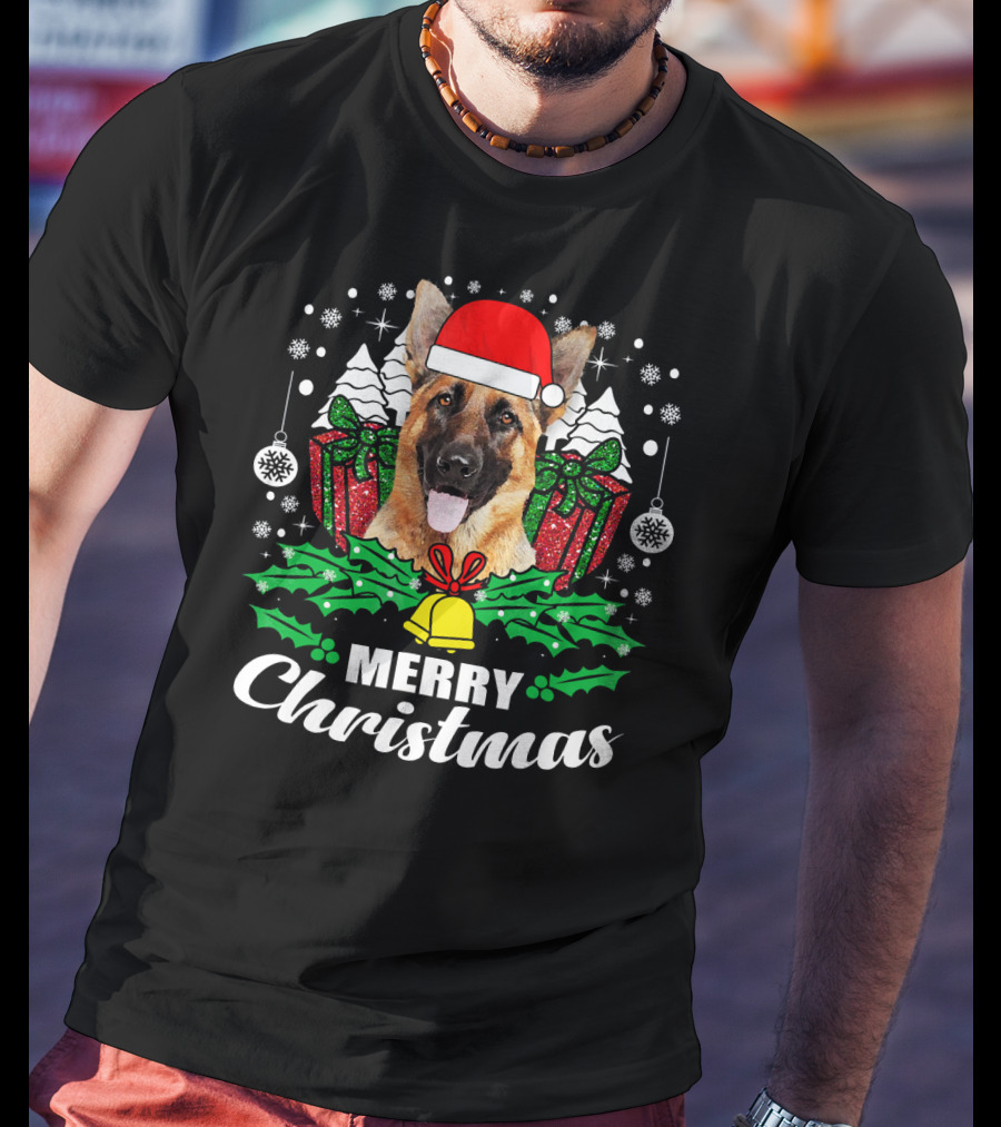 German Shepherd Merry Christmas Santa Hat Festive Holiday Dog Love T-Shirt