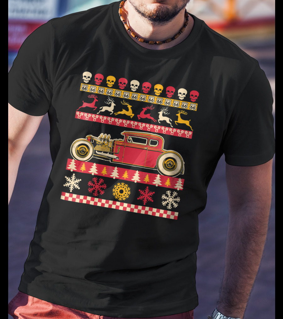 Rat Rod Christmas Party Skull Route 66 Reindeer Snowflakes Checkerboard T-Shirt