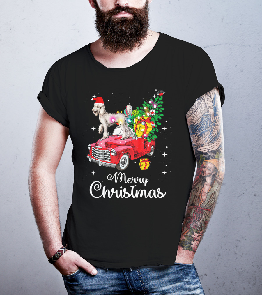 Merry Christmas Poodle With Santa Hat On Red Truck With Gifts And Christmas Tree T-Shirt