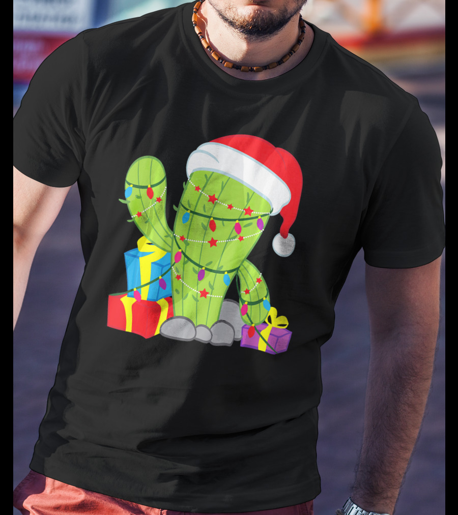 Cactus Tree Santa Hat Christmas Presents Mexican T-Shirt
