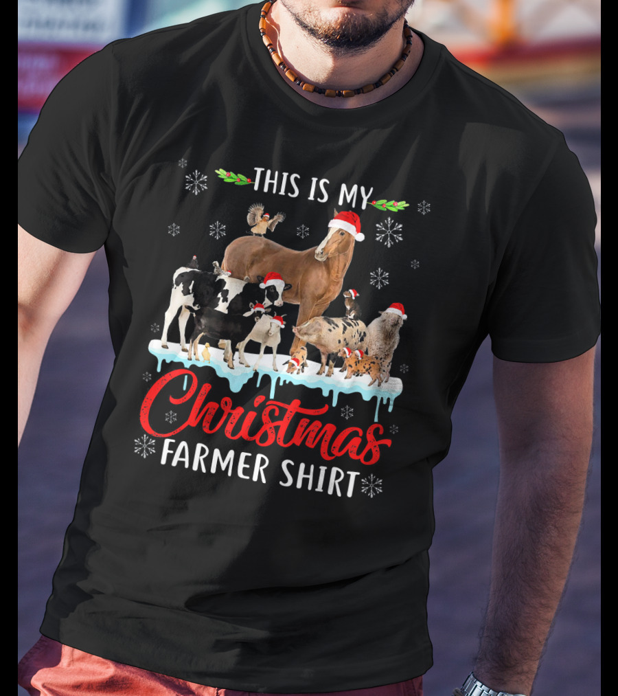 This Is My Christmas Farmer Shirt Santa Hat Animals Snowflakes T-Shirt