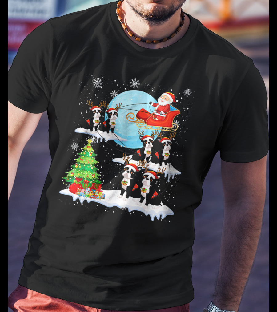 Santa Sleigh With Boston Terrier Reindeer And Christmas Tree T-Shirt
