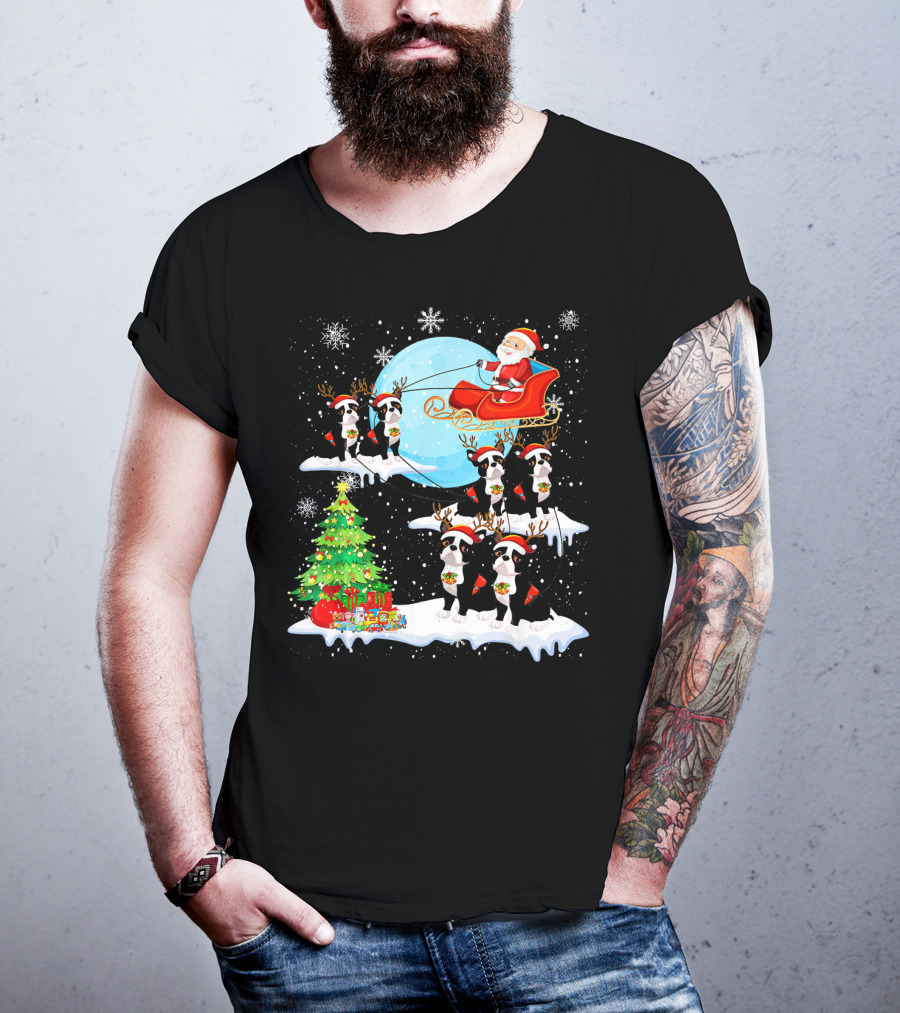 Santa Sleigh With Boston Terrier Reindeer And Christmas Tree T-Shirt