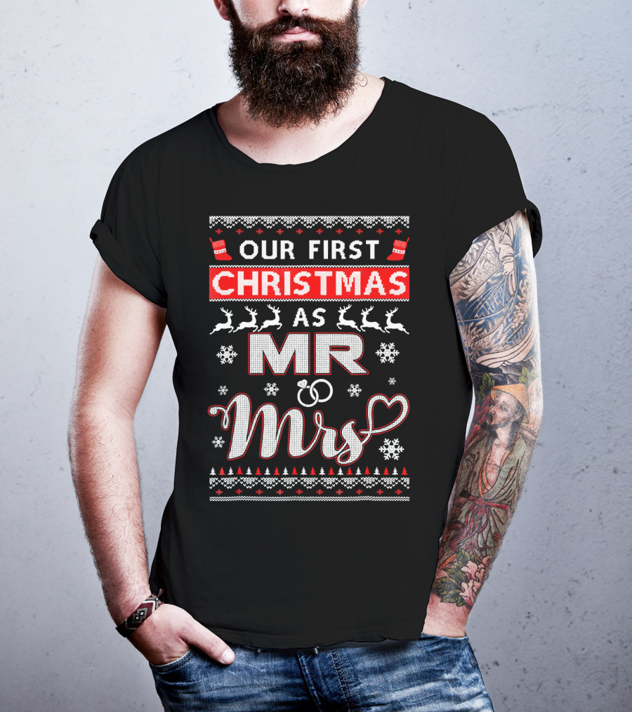 Our First Christmas As Mr And Mrs Festive Reindeer Snowflakes T-Shirt