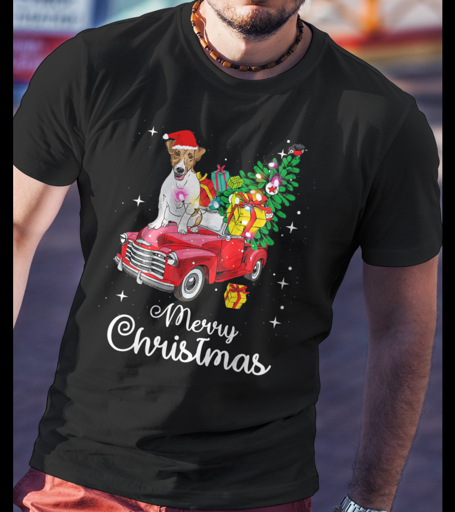 Merry Christmas Jack Russell Terrier Riding Red Truck With Gifts And Santa Hat T-Shirt