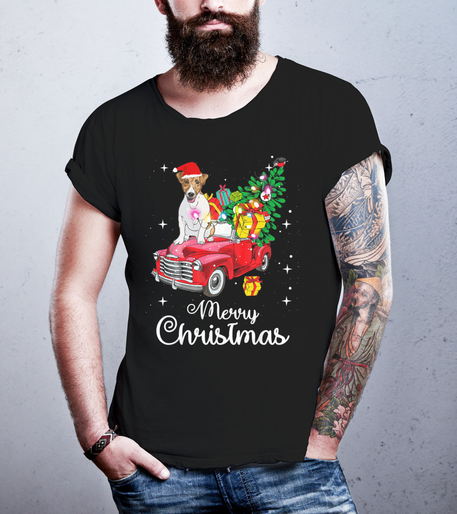 Merry Christmas Jack Russell Terrier Riding Red Truck With Gifts And Santa Hat T-Shirt