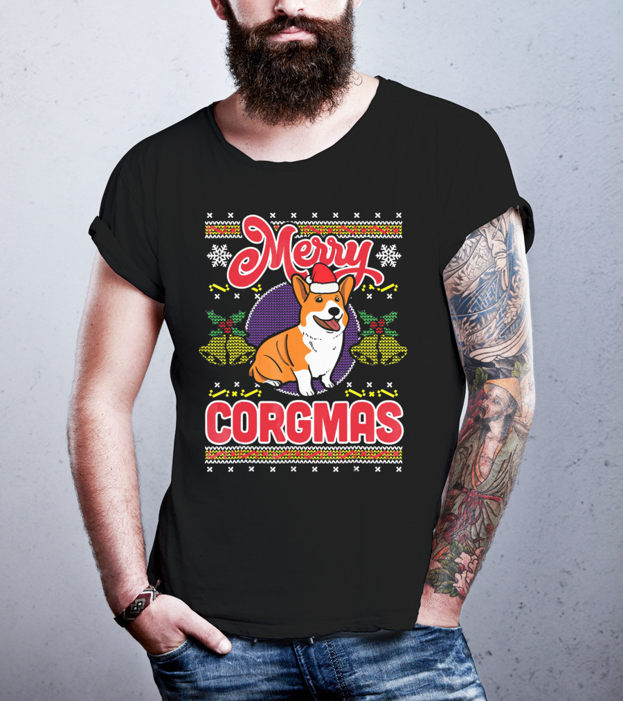 Merry Corgmas Ugly Christmas Corgi Dog Santa Hat Snowflakes Holiday T-Shirt