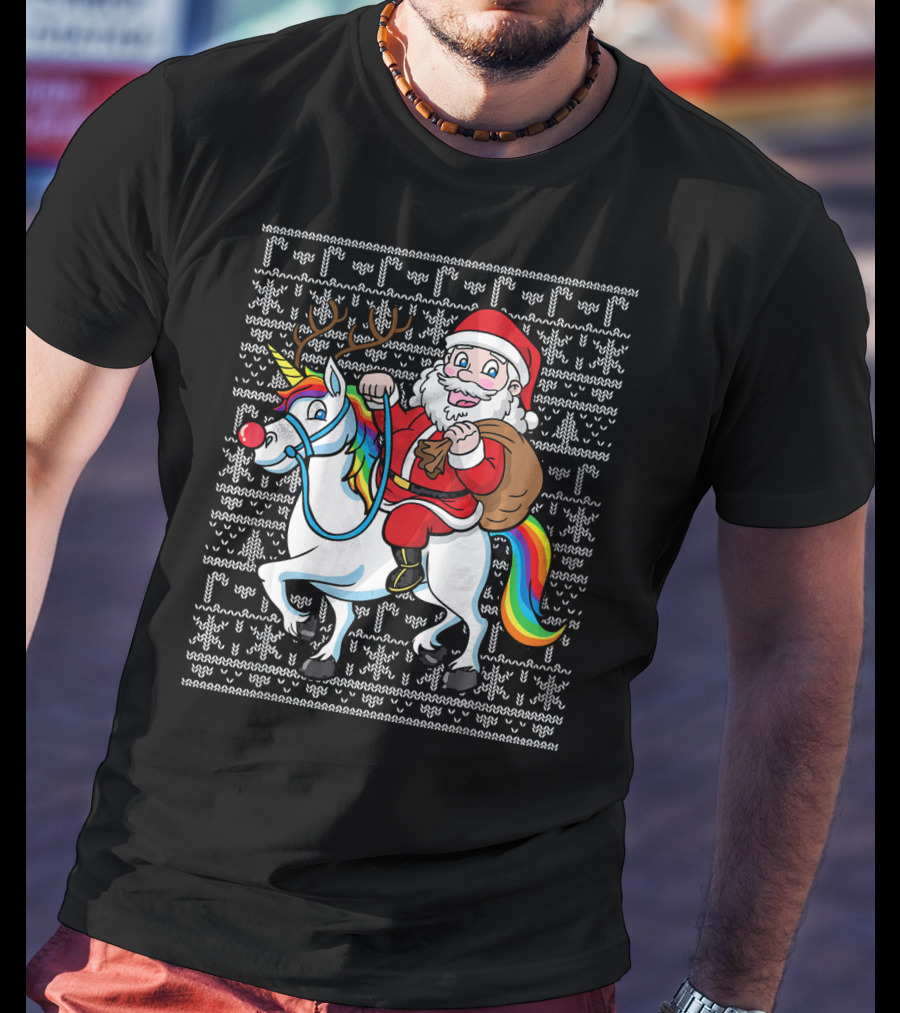 Santa Riding Reindeer-Antlered Rainbow Unicorn On Christmas T-Shirt
