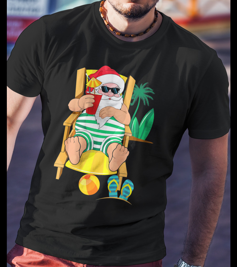 Christmas In July Santa Relaxing On Beach Chair With Cocktail And Palm Tree T-Shirt