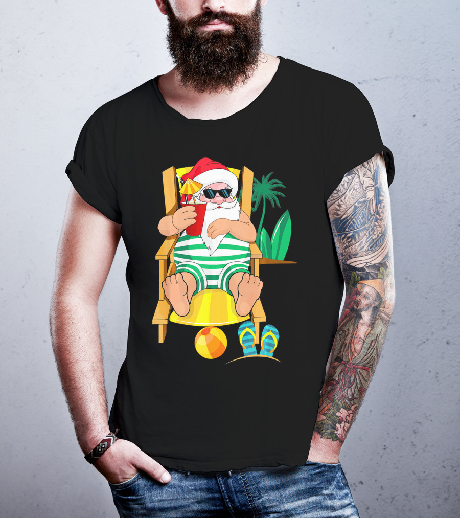 Christmas In July Santa Relaxing On Beach Chair With Cocktail And Palm Tree T-Shirt
