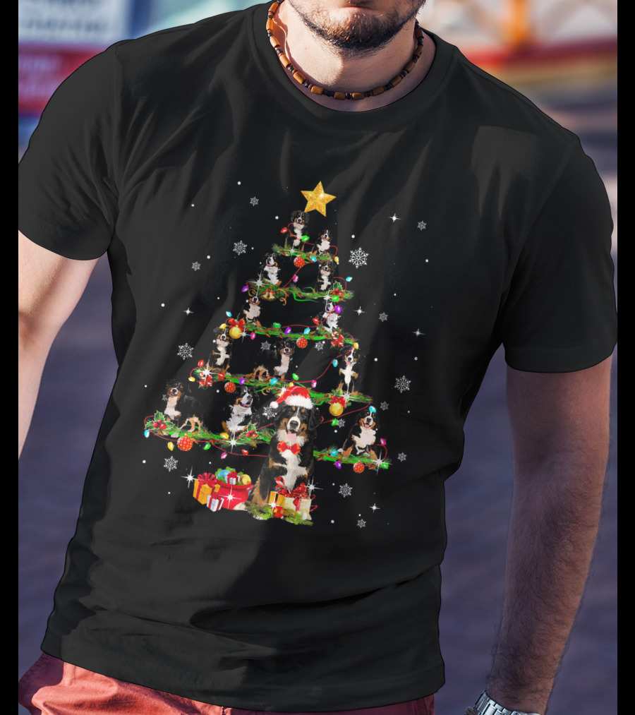 Bernese Mountain Dog Christmas Tree With Santa Hat And Gifts T-Shirt