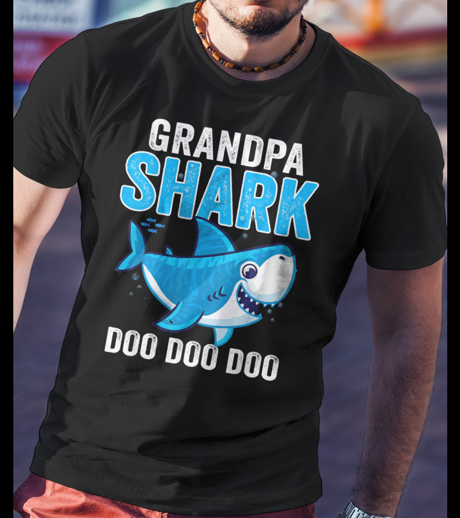 Grandpa Shark Doo Doo Doo Bright Blue Cartoon Shark T-Shirt
