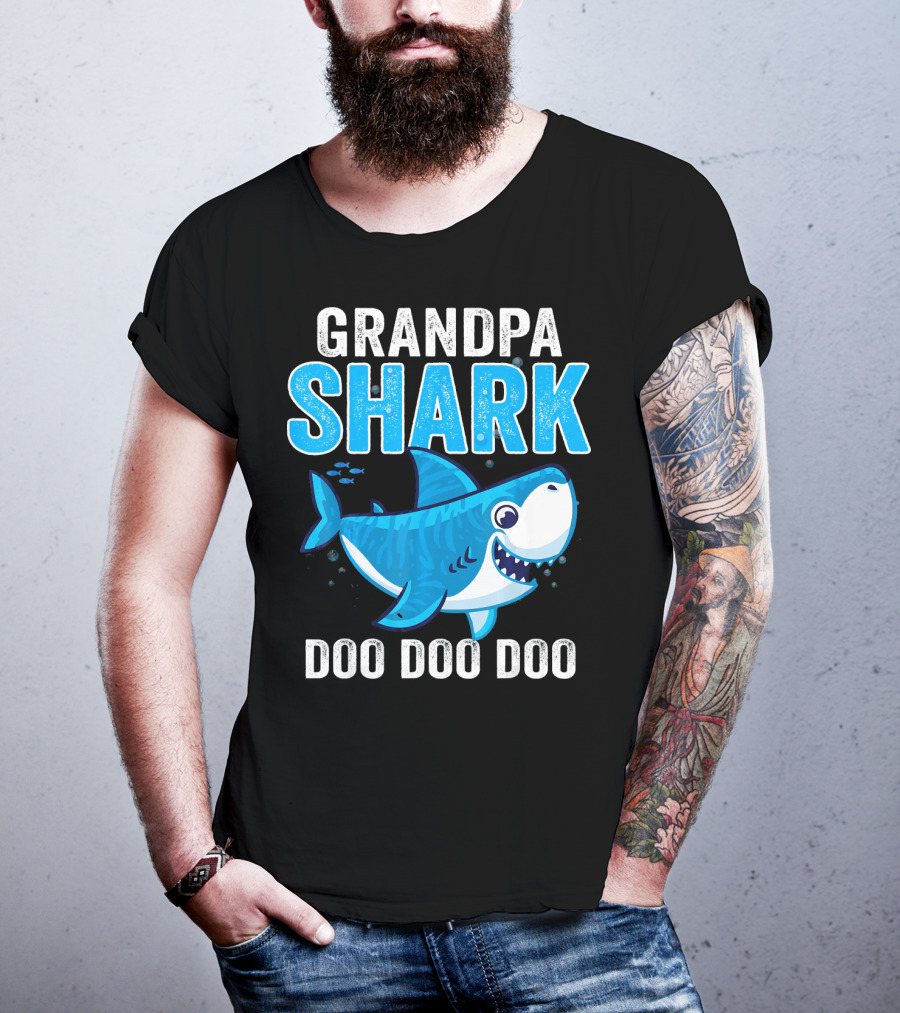 Grandpa Shark Doo Doo Doo Bright Blue Cartoon Shark T-Shirt