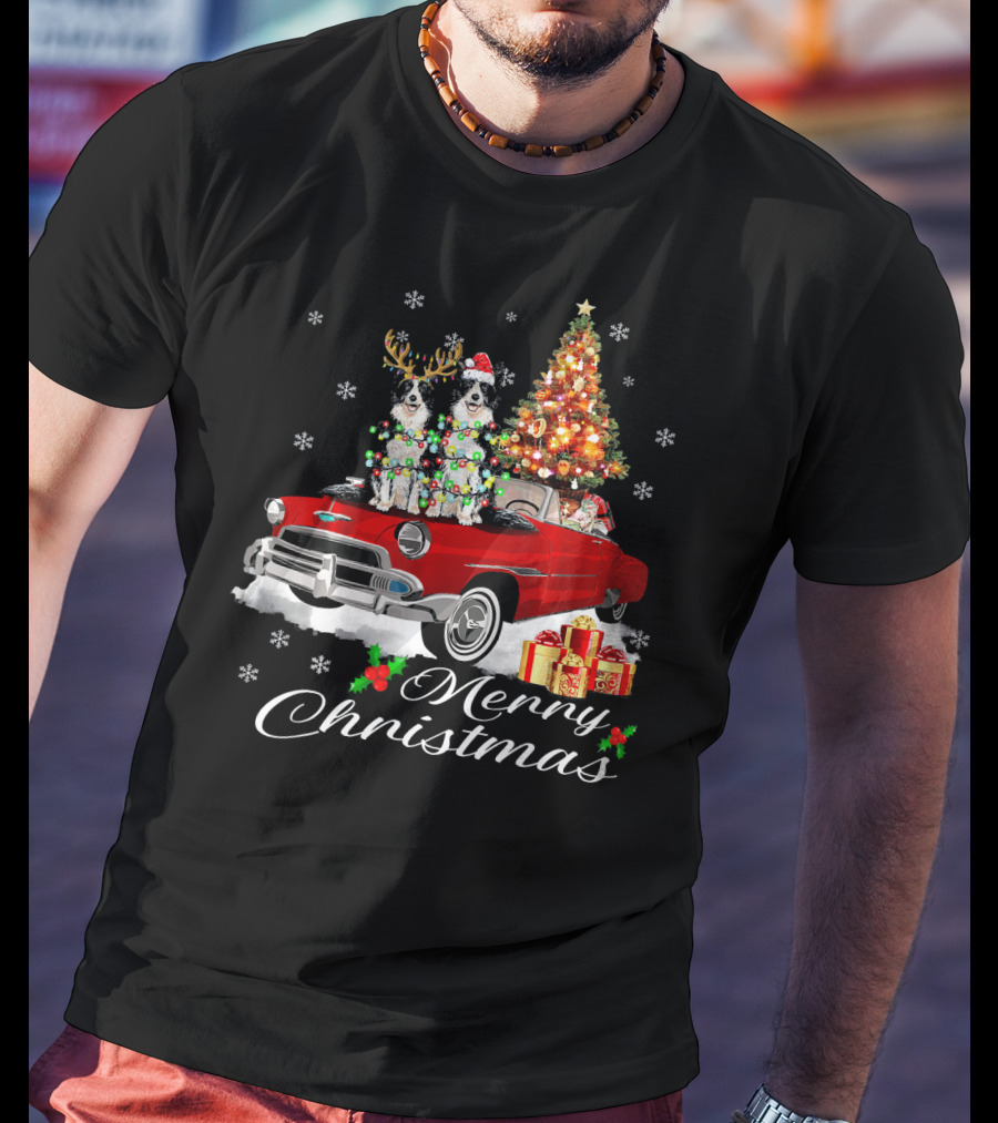Merry Christmas Border Collie On Red Holiday Truck With Gifts And Tree T-Shirt