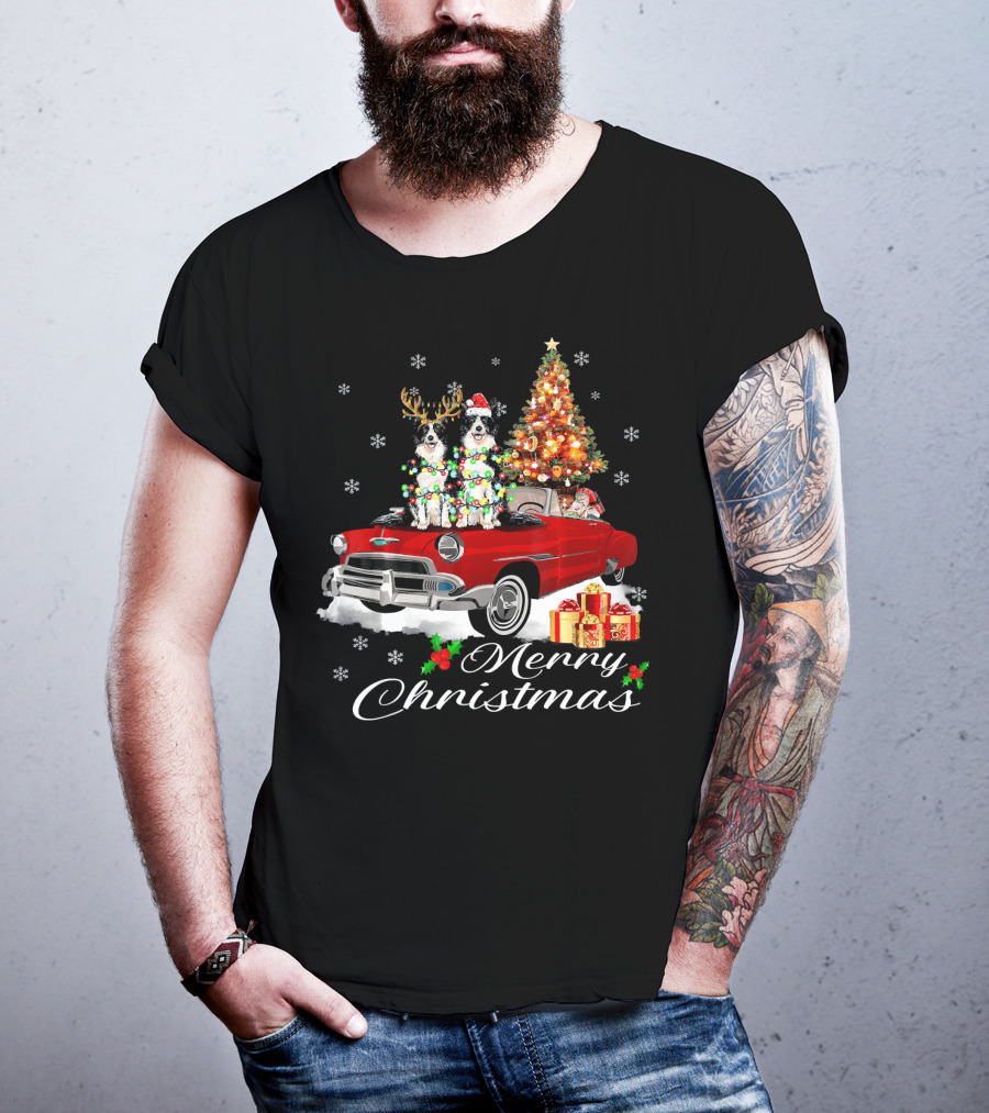 Merry Christmas Border Collie On Red Holiday Truck With Gifts And Tree T-Shirt