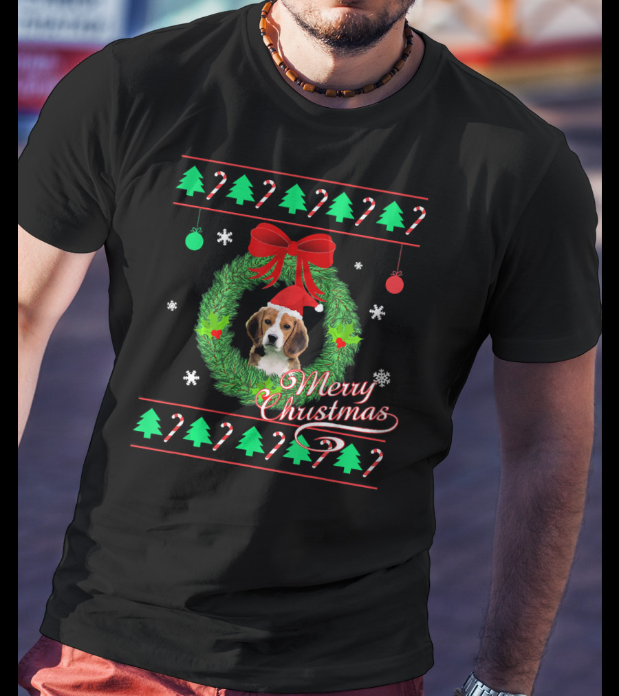 Merry Christmas Beagle Puppy Wreath Candy Canes Snowflakes T-Shirt