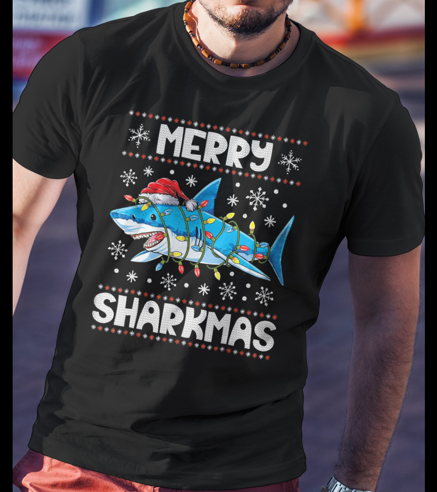 Merry Sharkmas Shark Santa With Lights And Snowflakes T-Shirt