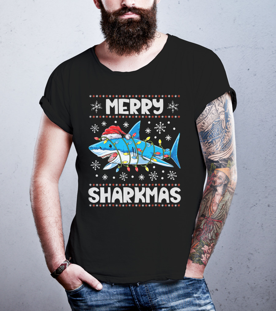 Merry Sharkmas Shark Santa With Lights And Snowflakes T-Shirt
