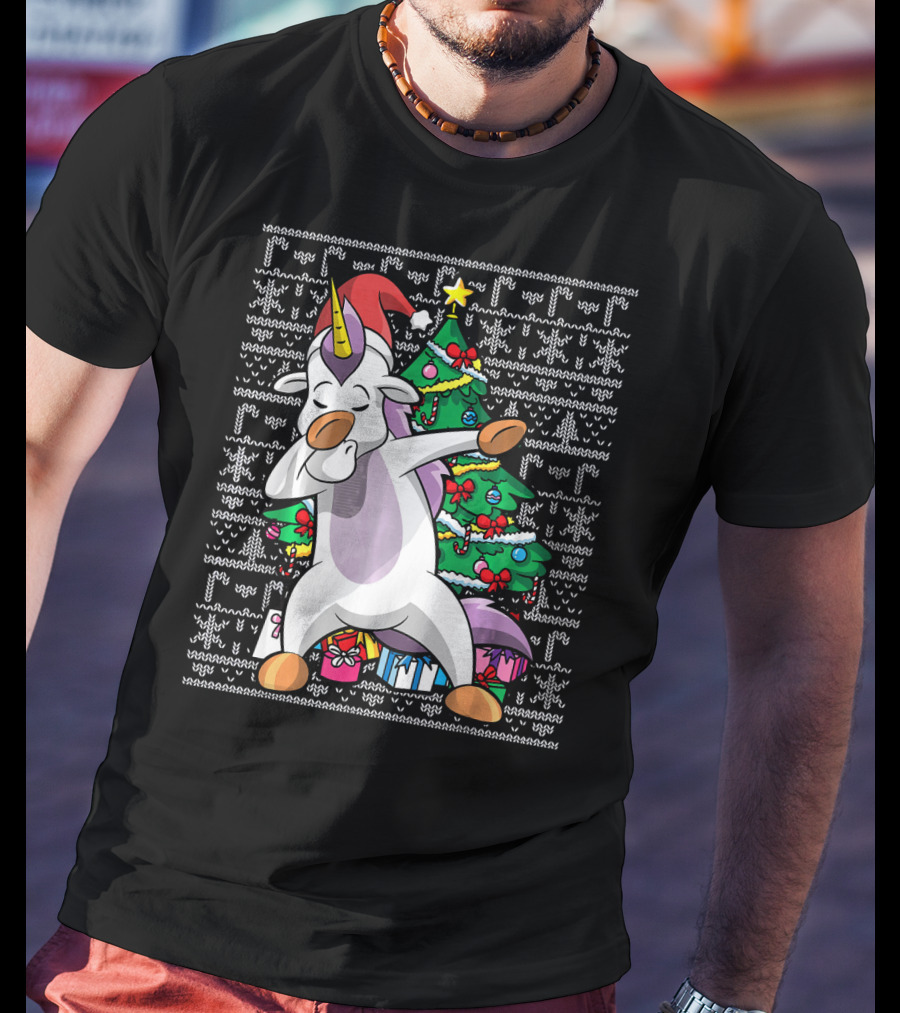 Unicorn Dabbing In Santa Hat By The Christmas Tree With Gifts T-Shirt
