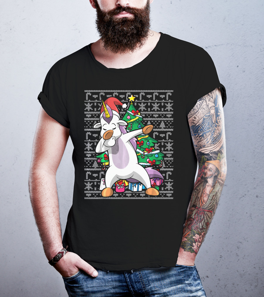Unicorn Dabbing In Santa Hat By The Christmas Tree With Gifts T-Shirt