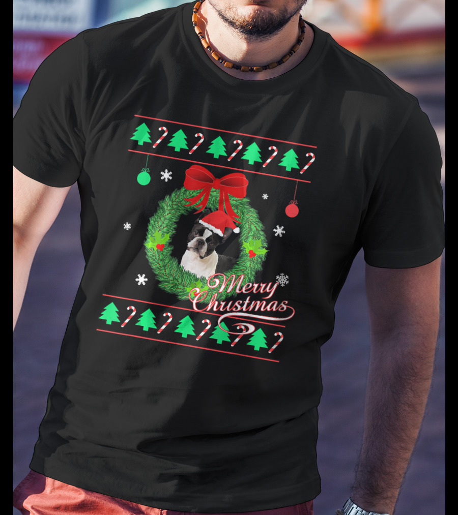 Merry Christmas Boston Terrier Wreath Candy Cane Trees T-Shirt