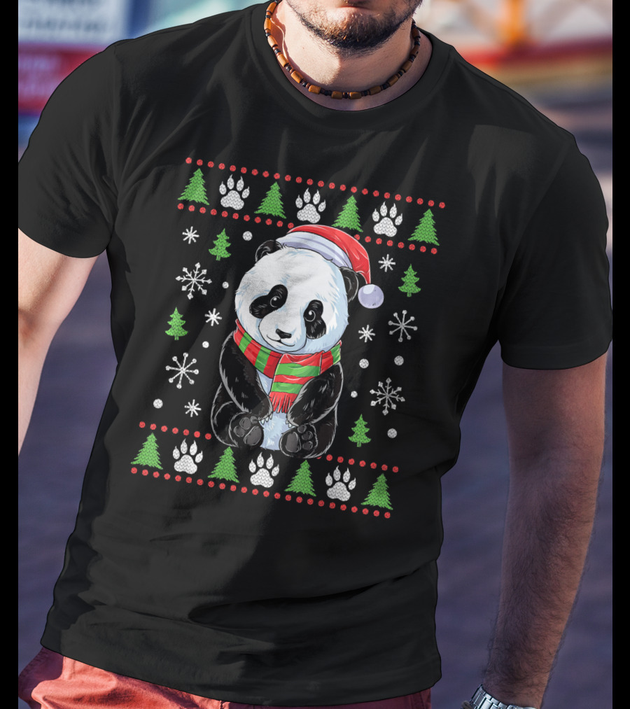 Panda Santa Ugly Christmas Sweater With Trees And Snowflakes T-Shirt