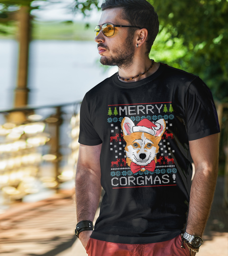 Merry Corgmas Christmas Corgi Santa Hat Festive Trees Bowtie Reindeer T-Shirt