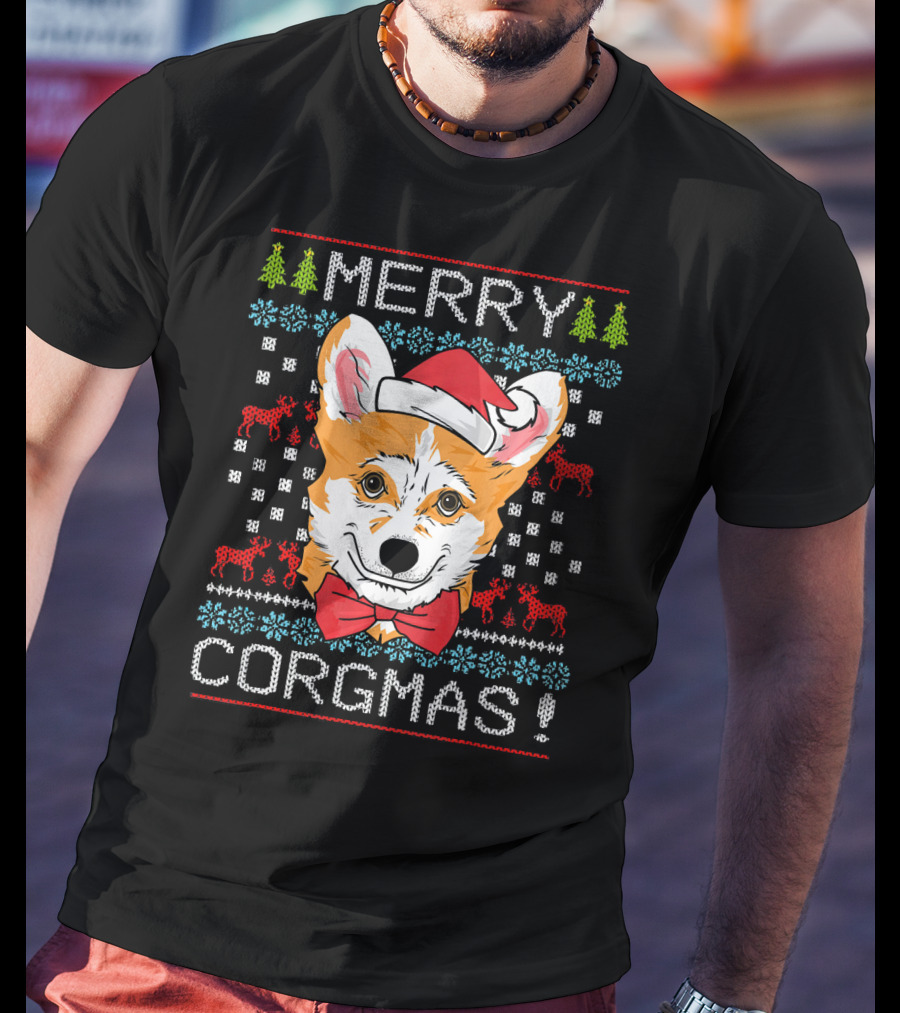 Merry Corgmas Christmas Corgi Santa Hat Festive Trees Bowtie Reindeer T-Shirt