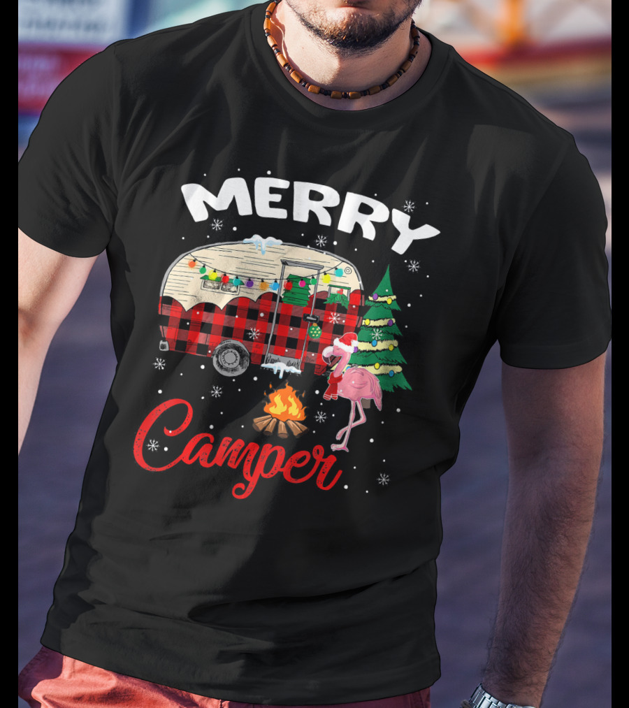 Merry Camper Christmas Camping Flamingo And Campfire Scene T-Shirt