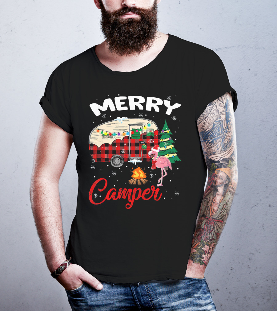 Merry Camper Christmas Camping Flamingo And Campfire Scene T-Shirt