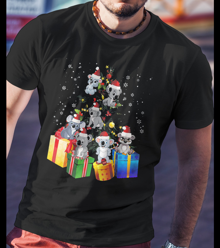 Christmas Koala With Santa Hats And Gifts On Snowy Pine Tree T-Shirt