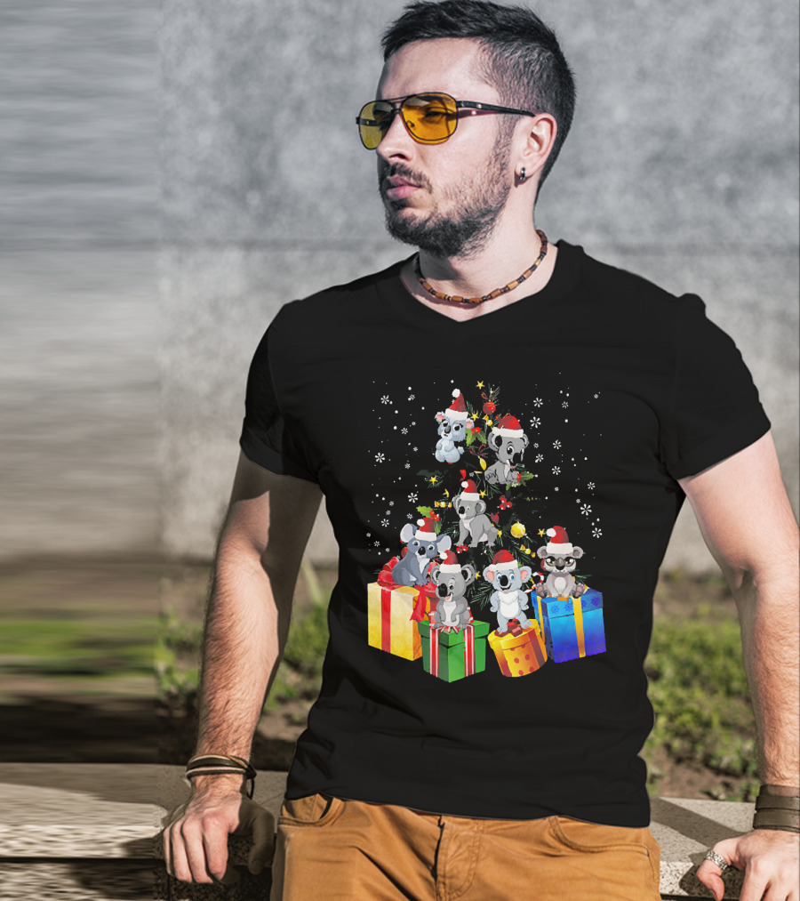 Christmas Koala With Santa Hats And Gifts On Snowy Pine Tree T-Shirt