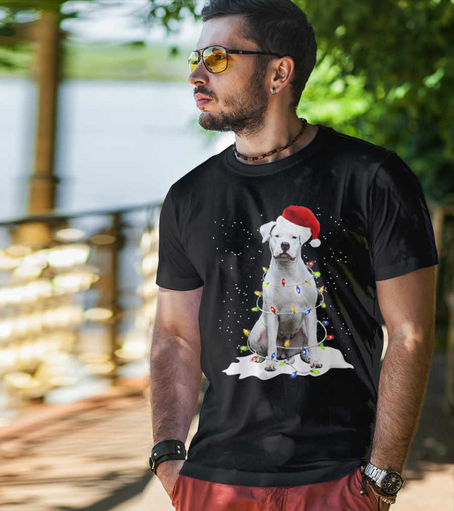 Dogo Argentino Christmas Lights Santa Hat Snow Holiday T-Shirt