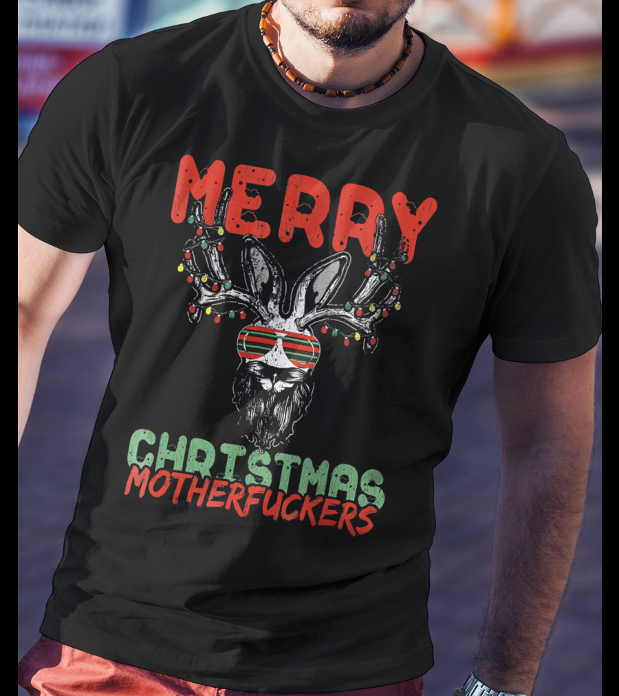 Merry Christmas Motherfuckers Reindeer Skull Holiday Lights T-Shirt