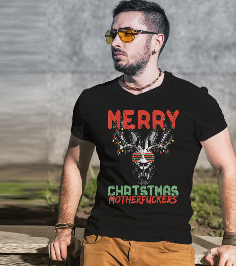 Merry Christmas Motherfuckers Reindeer Skull Holiday Lights T-Shirt