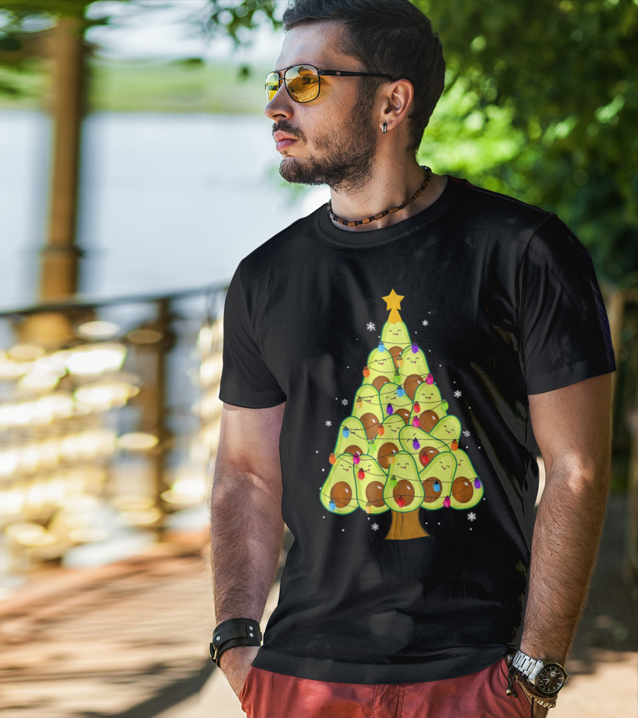 Avocado Christmas Tree With Colorful Lights Vegan Guac Green T-Shirt