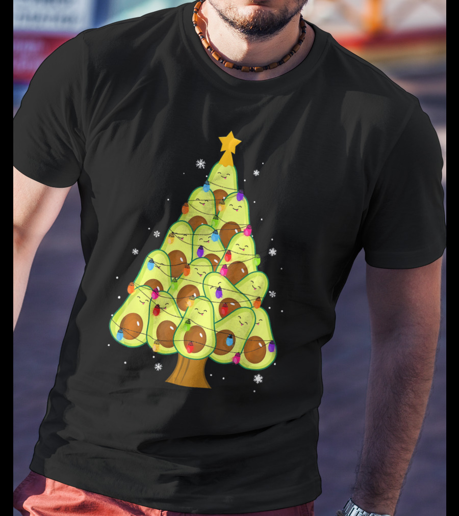 Avocado Christmas Tree With Colorful Lights Vegan Guac Green T-Shirt