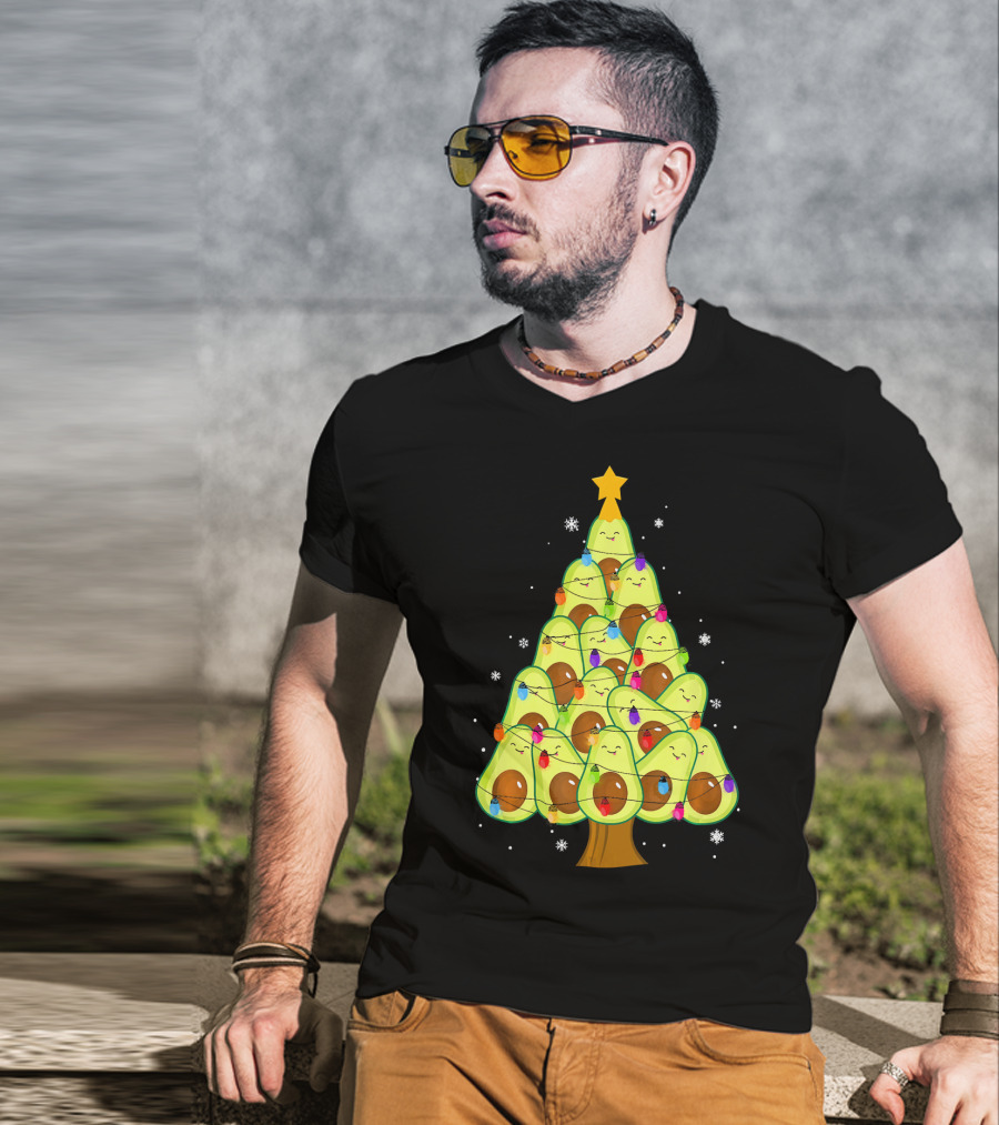 Avocado Christmas Tree With Colorful Lights Vegan Guac Green T-Shirt