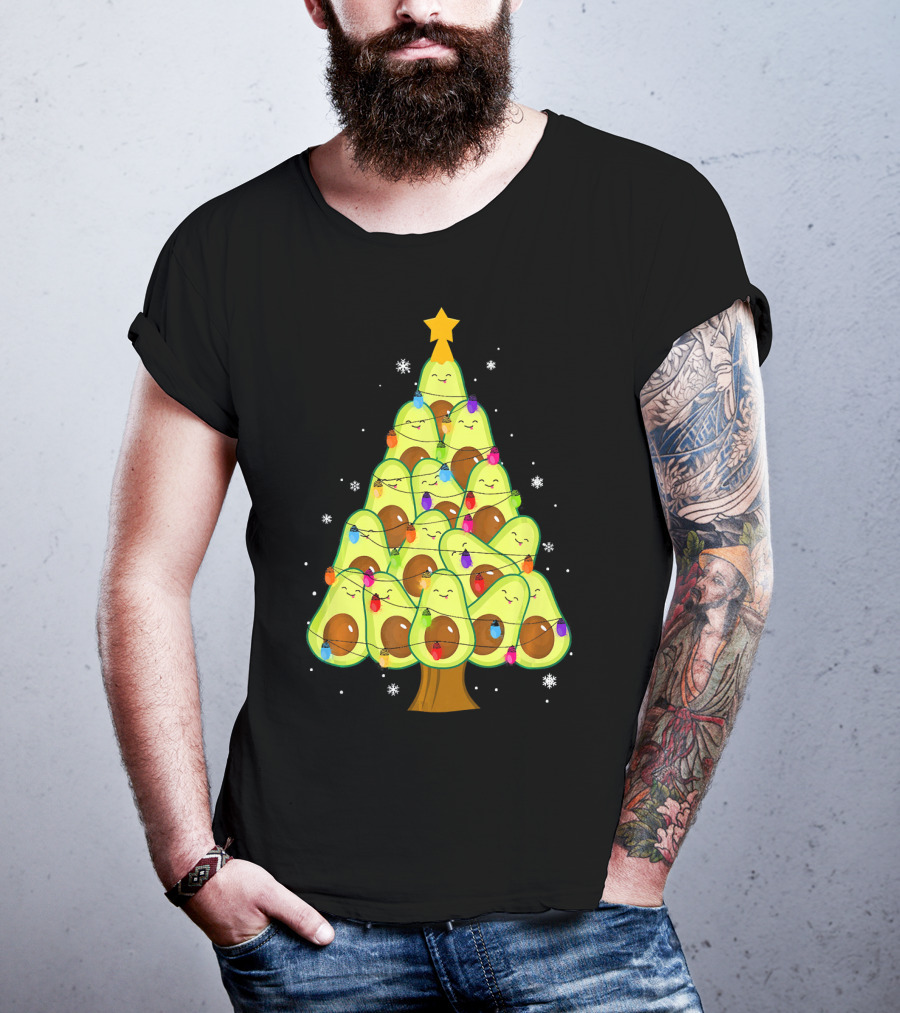 Avocado Christmas Tree With Colorful Lights Vegan Guac Green T-Shirt