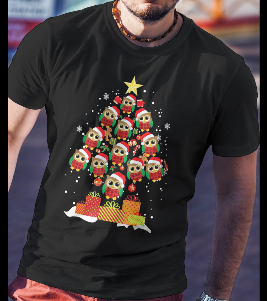 Owl Christmas Tree With Santa Hats And Presents For Owl Lovers T-Shirt