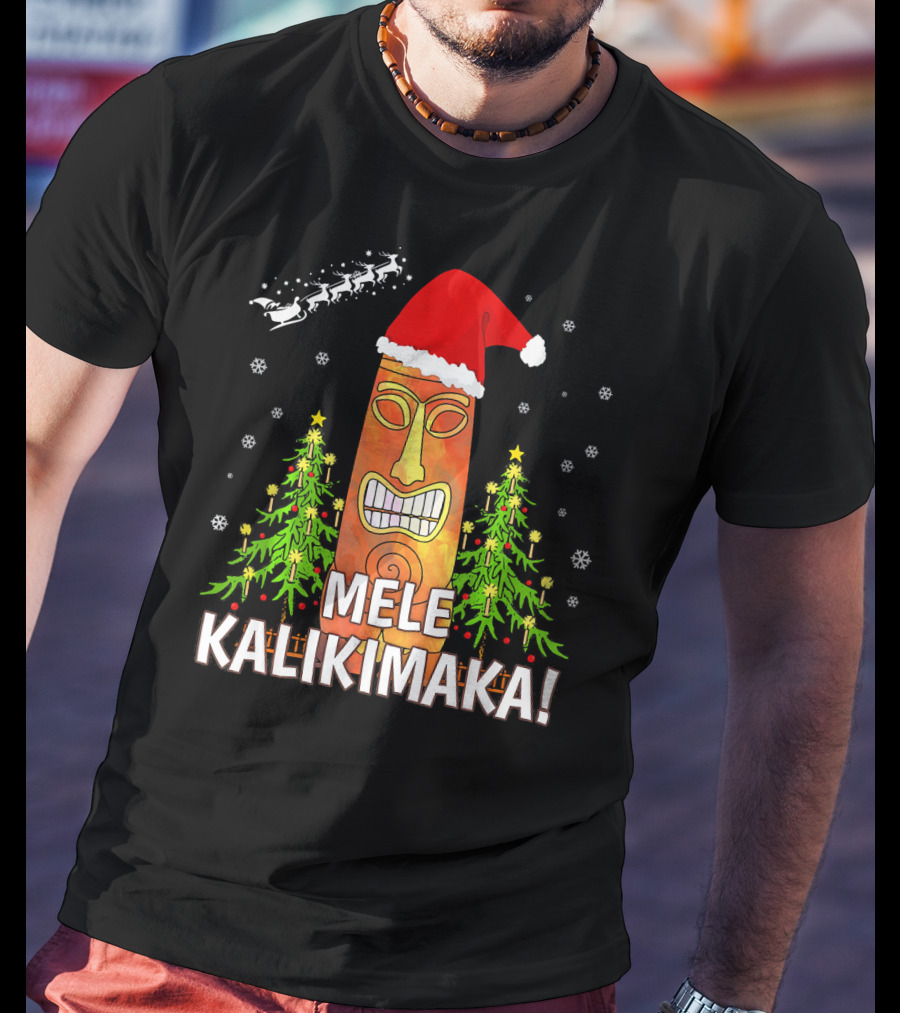 Mele Kalikimaka Santa Hat Tiki Christmas Trees Snowflakes Santa Sleigh T-Shirt