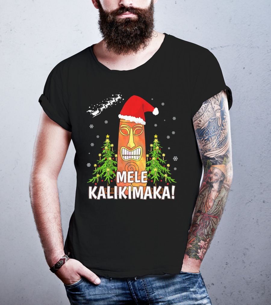 Mele Kalikimaka Santa Hat Tiki Christmas Trees Snowflakes Santa Sleigh T-Shirt