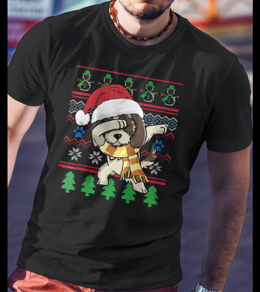Shih Tzu Dabbing UglyStyle Christmas Santa Hat Scarf Snowflakes Trees T-Shirt